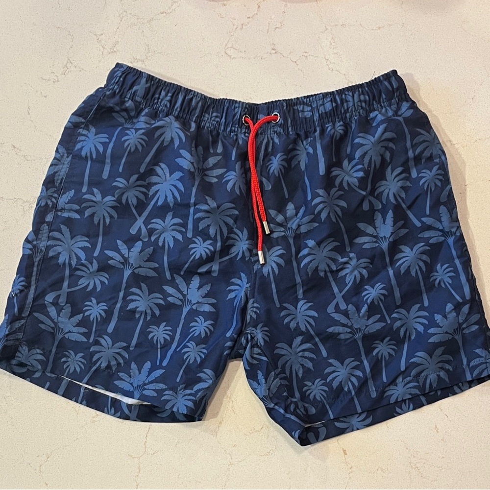 Franks Navy Palm-Print Swim Trunks with Red Drawcord